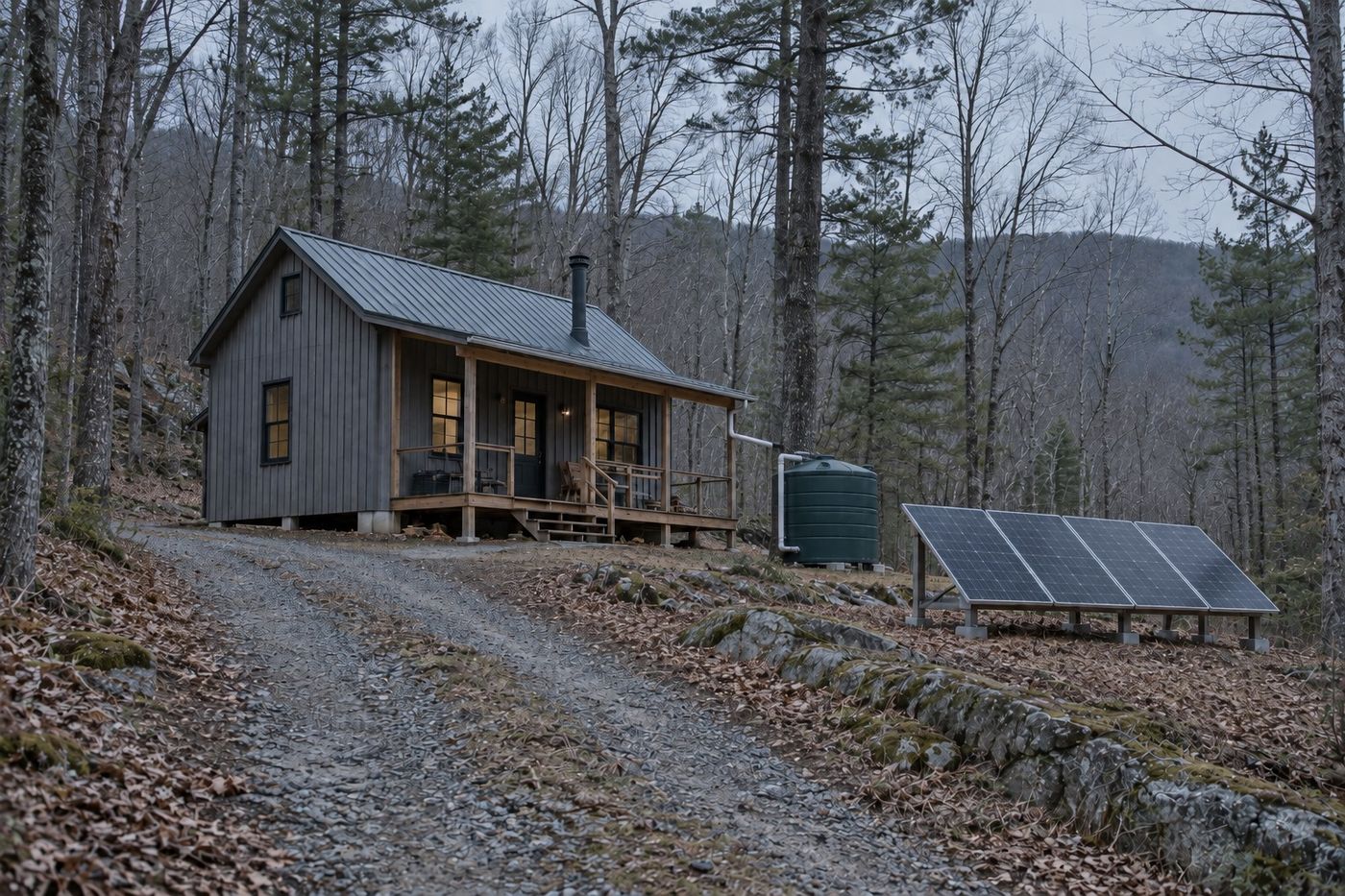 A small cabin in winter woods with a rainwater cistern and a ground rack of solar panels.