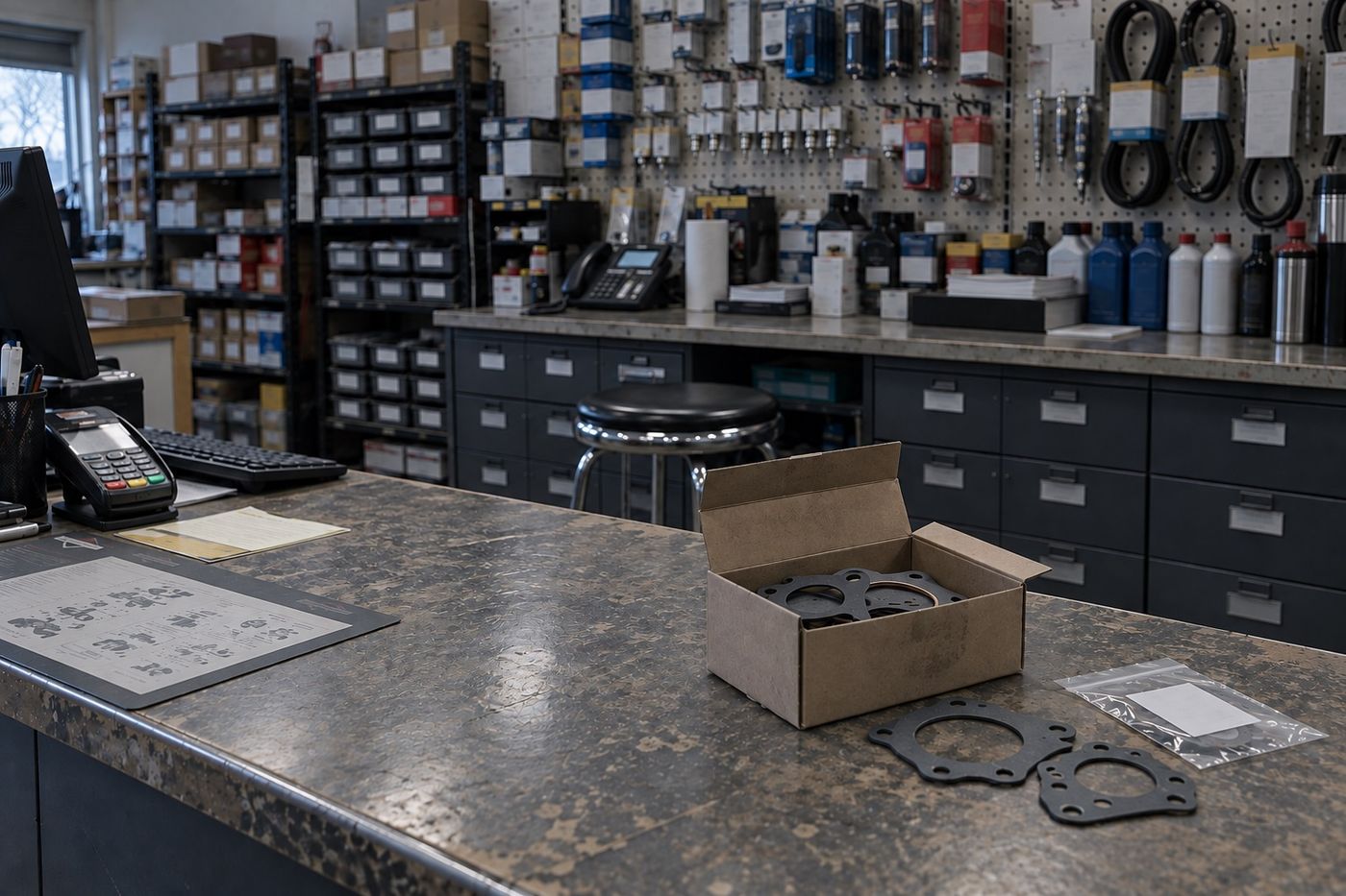 A small engine parts counter with an open box of carburetor gaskets and an empty stool behind it.