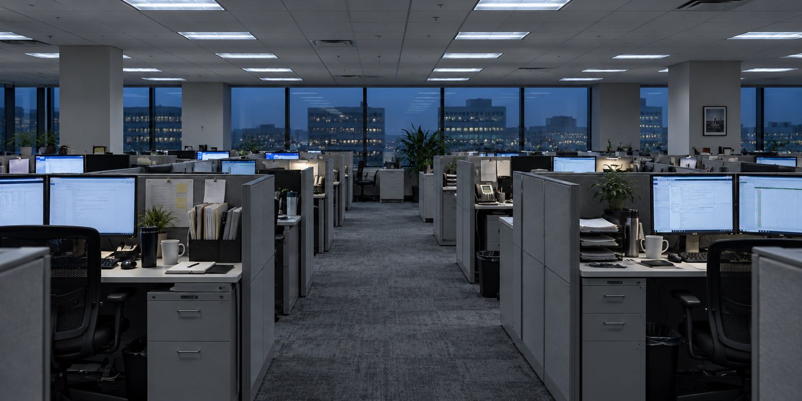 A cubicle floor at dusk with monitors on, coffee cups and papers on the desks, and nobody in it.