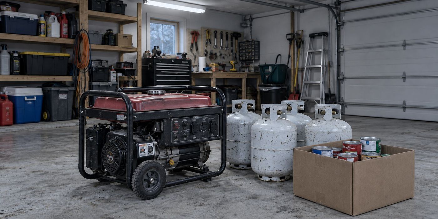 A generator, four propane cylinders and a box of canned goods on a garage floor.