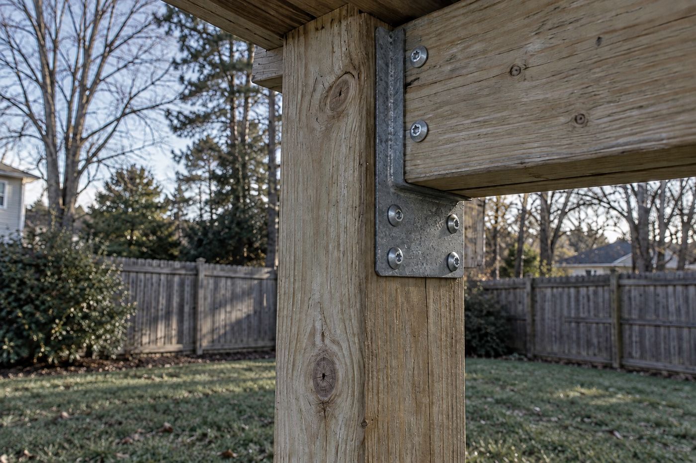 Close view of a shed post and bracket fixed with six galvanised screws, a suburban fence line behind.